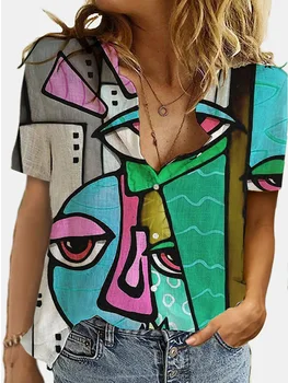 Mados Geometrijos 3D Spausdinimo Vasaros Marškinėliai Moterims Atvartas trumpomis Rankovėmis Mygtuką Lady Office Marškinėliai Moteriška Streetwear Plius Dydžio Palaidinukės 3XL