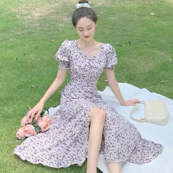 Suknelė Moterims Slim Seksualus korėjos Elegantiškas Aikštėje Apykaklės Sluoksniuotos Rankovėmis Raukšlės Pilvo Saldus Atostogų Side-plyšio Lady Drabužių Violetinė Gėlių