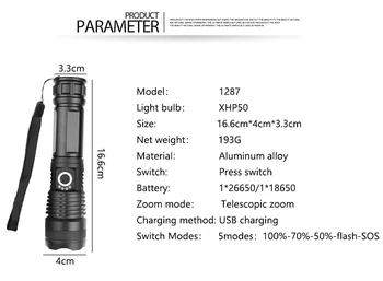 10000LM Ryškiausių XHP90 LED Žibintuvėlis XHP50 Įkraunamas USB Zoomable Fakelas Lanterna XHP70 18650 26650 Medžioklės Žibintas Camping