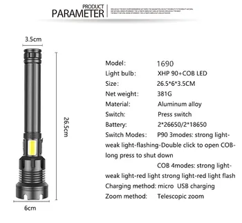 10000LM Ryškiausių XHP90 LED Žibintuvėlis XHP50 Įkraunamas USB Zoomable Fakelas Lanterna XHP70 18650 26650 Medžioklės Žibintas Camping