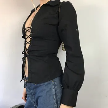Vakarų Stiliaus moteriški Marškinėliai Seksualus Mados Dizainerio Kūrybos Hipster Atsitiktinis Tuščiaviduriai Iš Nėrinių Juostele POLO Apykakle ilgomis Rankovėmis