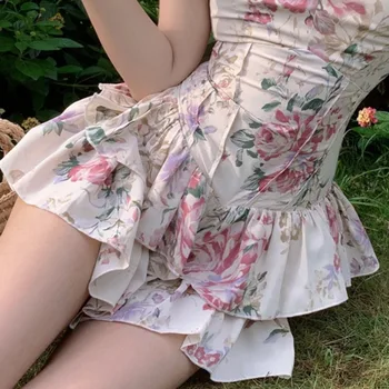Vasaros 2021 Moterų Vintage Mados Gėlių Spausdinti Bud Mini Suknelė Elegantiškas, Seksualus V-kaklo, Trumpas Sluoksniuotos Rankovėmis Šaliai, Skraistės Vestido De Mujer