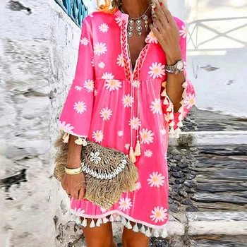 Moterų Derliaus Kutais Spausdinimo V-Kaklo Suknelės Vasaros Atsitiktinis Ponios Ilgomis Rankovėmis Suknelės Tuščiaviduriai Iš Streetwear Paplūdimio Suknelė Vestido