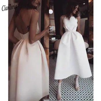 Naujas Paprastas Satino Trumpą vakarinę Suknelę Klostes Chalatas De Soiree Elegantiškas Arbatos-ilgis Spagečiai Dirželiai Oficialią Vakaro Suknelės, Šaliai
