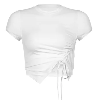 Atsitiktinis Kietas O-Kaklo, Ilgomis Rankovėmis Pasėlių Viršuje Moterų Pusėje Raišteliu Ruched White T-Shirt Moterų Marškinėliai, Viršuje Moterų Drabužių 2021