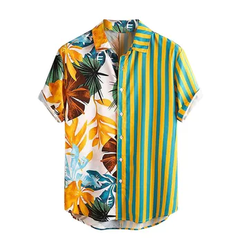 65# 2021 Vyrams, Atsitiktinis Marškinėliai Spausdinimas Dryžuotas Kratinys Streetwear Atvartas Camisas Trumpas Rankovės Mados Mens Havajų Marškinėliai Palaidinė