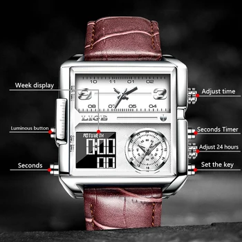 2021 LIGE Prekės Vyrų Sporto Laikrodžiai 3 Laiko Juostos Didelis Vyras Mada Karinės LED Watch Odos Kvarciniai Laikrodžiai Relogio Masculino