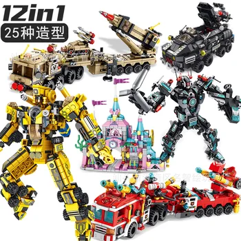 12 1 Deformacijos Inžinerija gaisrinė mašina Robotas Suderinamas su Lego Asamblėjos Pastato Blokus Vaikų Žaislas Dovana