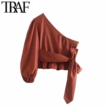 TRAF Moterų Mados Su peteliškę Susiėmę Pasėlių Palaidinės Derliaus Vieną Petį Žibintų Rankovės Moterų Marškiniai, Elegantiškos Viršūnės