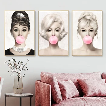 Kino Žvaigždė Drobė Paveikslų Ant Sienos Menas Drobė Spausdina Monroe Hepburn Bubble Gum Wall Nuotraukas Kambarį Cuadros Dekoras