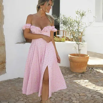 Articat Pink Gėlių Spausdinti Padalinta Off peties Suknelė Moterims Vasaros Seksualus, Trumpas Rankovės Ruched Slim 