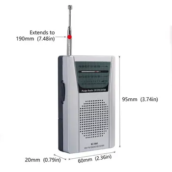BC-R60 Kišenėje Radijo Teleskopinė Antena, Mini AM/FM su 2-Band Pasaulio Radijo Imtuvas Su Garsiakalbis, 3.5 mm Ausinių Uosto Nešiojamas Radijas
