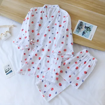 Pavasario Krepo Kimono Pižama Mažai Persimonas Spausdinti Loungewear V-Kaklo Trys Ketvirtį Kelnės Sleepwear 2 Gabalas Naktį Dėvėti Moterims