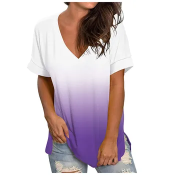 Moteris Tshirts Mados Gradientas V-kaklo trumpomis Rankovėmis Laisvi marškinėliai Topai Moterims Vasaros Derliaus Drabužius Vetement Femme 2021