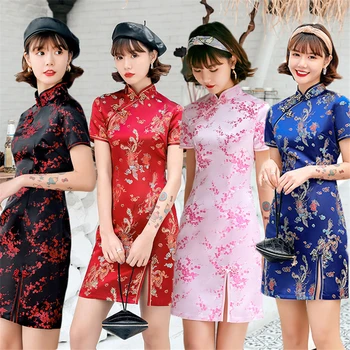 Tradicinis kinų Cheongsam Moterims, Elegantiškas, Seksualus Spausdinti Qipao Mini Suknelė Azijos Festivalis Vestuves Bodycon Šilko Vestidos