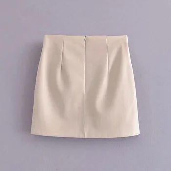 Za Moterų PU Sijonai Aukšto Juosmens Dirbtiniais Odos Falda Mujer Mini Sijonas Moterų linija, Seksualus Derliaus Pavasarį Kietųjų Slim Office Sijonas