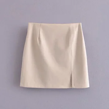 Za Moterų PU Sijonai Aukšto Juosmens Dirbtiniais Odos Falda Mujer Mini Sijonas Moterų linija, Seksualus Derliaus Pavasarį Kietųjų Slim Office Sijonas