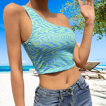 Moterų Mados Vienos Pečių Nesimetriškas Vandens Čiurlenimu Spausdinti Vest Trumpi marškinėliai Atvira nugara Miniskirt Paplūdimio Atostogų Vasaros Viršūnes