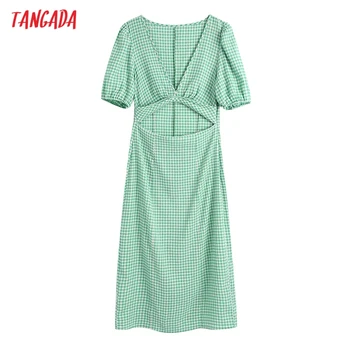 Tangada 2021 m. Vasarą Moterys Žalia Pledas Spausdinti prancūzų Stiliaus Cut-out Suknelė, Trumpas Sluoksniuotos Rankovėmis Ponios Midi Suknelė Vestidos BE902