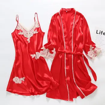 Nauja Ledo Šilko Moterų Apdaras & Suknelė Rinkiniai 2 Vnt Chalatas + Mini Naktį Suknelė su Sexy Nėrinių Sleepwear Vestuvių Pižamos 2021 M. Vasaros