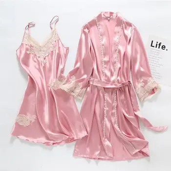 Nauja Ledo Šilko Moterų Apdaras & Suknelė Rinkiniai 2 Vnt Chalatas + Mini Naktį Suknelė su Sexy Nėrinių Sleepwear Vestuvių Pižamos 2021 M. Vasaros