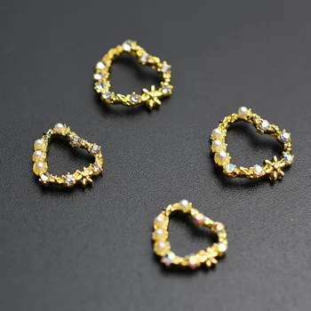 10vnt Aukso širdies formos Gėlių Pearl kalnų krištolas nail art deco lydinio 3D tuščiaviduriai nagų žavesio flash lydinio nagų Priedas Pasiūla KARŠTO