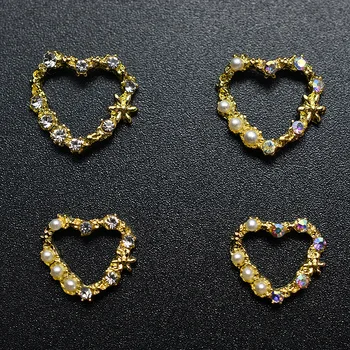 10vnt Aukso širdies formos Gėlių Pearl kalnų krištolas nail art deco lydinio 3D tuščiaviduriai nagų žavesio flash lydinio nagų Priedas Pasiūla KARŠTO