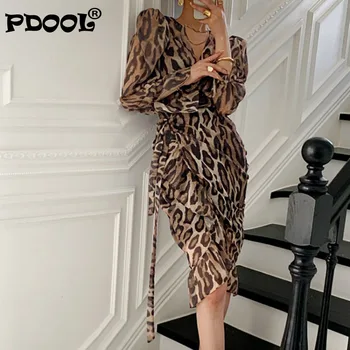 Pavasarį, Rudenį Elegantiškos Prancūzų Seksualus Leopardas Spausdinti Nereguliarus Ilgomis Rankovėmis Šifono Suknelė Moterų Plius Dydis Drabužių Naktinis Klubas