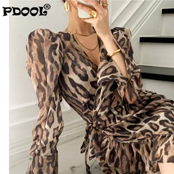 Pavasarį, Rudenį Elegantiškos Prancūzų Seksualus Leopardas Spausdinti Nereguliarus Ilgomis Rankovėmis Šifono Suknelė Moterų Plius Dydis Drabužių Naktinis Klubas