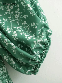 BIAORUINA Moterų Gėlių Atspausdintas Žalios spalvos Aukštos Juosmens Domino Raukiniai Elegantiška Suknelė Vestidos Apvalios Kaklo Trumpas Rankovės Žibintų