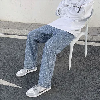 Streetwear Plataus kojų Džinsai, vyriški Naujas Mados Žakardo Spausdinimo Džinsinio audinio Kelnės Atsitiktinis Tiesiai Prarasti Hip-Hop Porų Tėtis Kelnės
