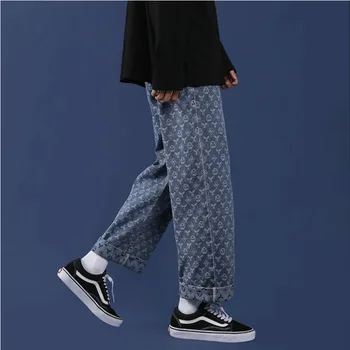 Streetwear Plataus kojų Džinsai, vyriški Naujas Mados Žakardo Spausdinimo Džinsinio audinio Kelnės Atsitiktinis Tiesiai Prarasti Hip-Hop Porų Tėtis Kelnės
