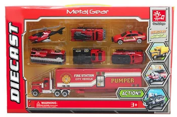 7pcs/set Fire truck transporto priemonės, nustatyti Kopėčių fire truck Sraigtasparnis greitosios pagalbos Container truck automobilių Lieti žaislų kolekcijos modelį, vaikai dovana