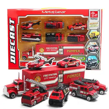 7pcs/set Fire truck transporto priemonės, nustatyti Kopėčių fire truck Sraigtasparnis greitosios pagalbos Container truck automobilių Lieti žaislų kolekcijos modelį, vaikai dovana