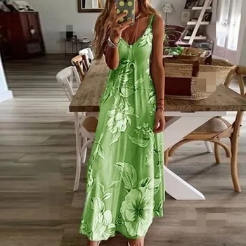 Moterims Gėlių Spausdinti Maxi Suknelė Vasaros Dirželis V Kaklo Sundresses Moterų Plius Dydžio Seksualus Rankovių Ilgio Bohemijos Suknelės