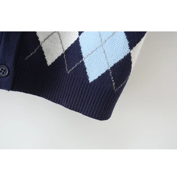 Vasaros apkarpytos megztinis moterims korėjos trumpomis rankovėmis megztinis mezgimo argyle megztinis preppy stilius v kaklo viršaus mygtuką, iki cardigan navy