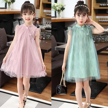 Princesė Dress Kinų Stiliaus Vaikams Cheongsam Mergaitės Vasarą Vaikai Mados Kūdikis Dmbroidered Akių Suknelės Paauglių 3-12 Metų