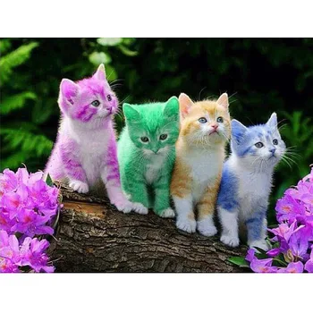Diamond Įspūdį Rinkiniai Visiškai Gręžimo Keturių Spalvų Kačiukai Mozaikos Diamond Tapybos Kryželiu Siuvinėjimo Namų Dekoro Spalvinga Katė