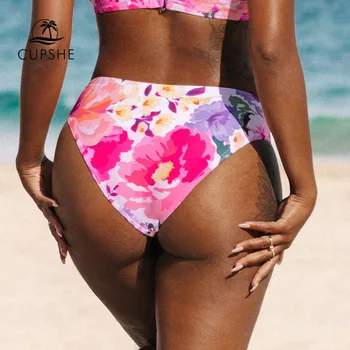CUPSHE Pink Gėlių Vidurio Juosmens Bikini Bottom maudymosi kostiumėlis Moterims Seksualus Vidurio Sumažinti Kelnaitės Trumpas 2021 Atskiras Brazilijos Bikini Dugnų