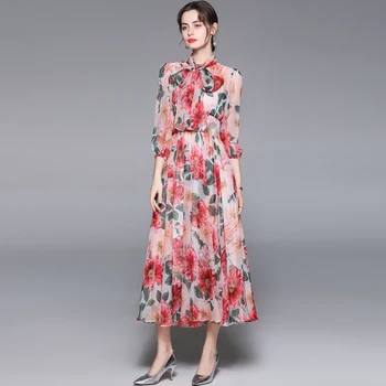 2021 Mados kilimo ir tūpimo Tako Vasaros Šalis Suknelė Moterų Sluoksniuotos Rankovėmis Lankas Diržo Floral-Print Bohemijos Elegantiškas Šifono Suknelės