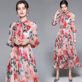 2021 Mados kilimo ir tūpimo Tako Vasaros Šalis Suknelė Moterų Sluoksniuotos Rankovėmis Lankas Diržo Floral-Print Bohemijos Elegantiškas Šifono Suknelės