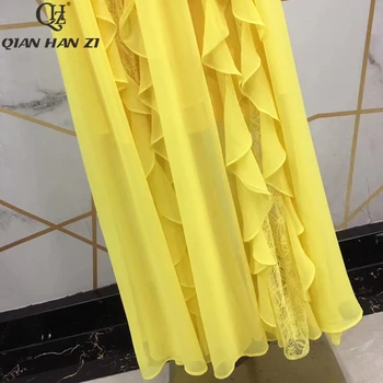 Qian Han Zi 2020 Metų Vasaros Mados kilimo ir tūpimo Tako Maxi Suknelė Moterų Susiėmę Rankovės Elegantiška Susiėmę Nėrinių Plisuotos V-Kaklo Ilga Suknelė