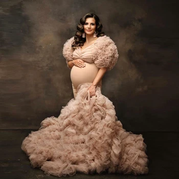 Elegantiškos Motinystės Tiulio Suknelė Motinystės Suknelė Šampano Tiulio Motinystės Suknelės už Nuotrauką Šaudyti Drabužius Nėščioms Moterims Oficialią Chalatai