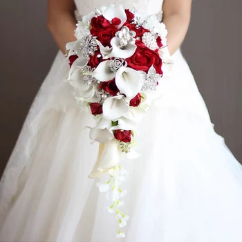2021 Krioklys Raudona Vestuvių Gėlės, Vestuvių Puokštės Dirbtiniai Perlai, Krištolas Vestuvių Puokštės Bouquet De Mariage Rose