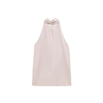 ZA Europos ir Amerikos stiliaus 2021 m. vasarą naujas mazgas šilko satino tekstūros berankovis viršų paprastas elegantiškas moteriški drabužiai