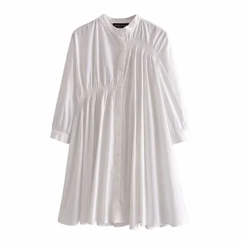 LVWOMN Za Baltos spalvos Trumpą Suknelę 2021 M. Vasarą Laisvi Ruched ilgomis Rankovėmis Mini Suknelė Moteris Prašmatnus Didelio Dydžio Derliaus Mygtukai Atsitiktinis Suknelės