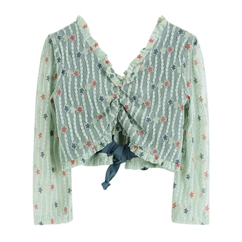 Preppy Stilius Pasėlių V Kaklo Palaidinės Moterims Vieną Krūtinėmis Bownot Dizaino Marškiniai, Elegantiškos Dryžuotas Ilgomis Rankovėmis Mori Mergina Japonijos Saldus Viršų
