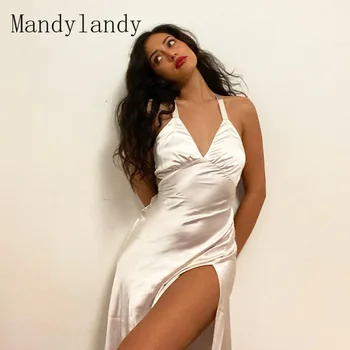 Mandylandy Moterys Vasarą Elegantiškas Tvarstis Satino Suknelė Sexy Lady Rankovių V Kaklo Apynasrio Aukšto Juosmens Padalinti Šalies Vakarinę Suknelę