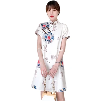2021 mandarinų apykaklės moterys kinijos dress satino qipao kinų suknelė tradicinė derliaus cheongsam rytų nėrinių suknelė cheongsam