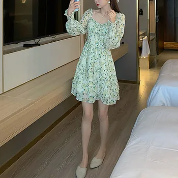 Korėjos Stiliaus Aikštėje Apykaklės Elegantiškas Vingate Suknelė Moterims ilgomis Rankovėmis Gėlių Spausdinti Suknelė, Paplūdimio Suknelė Moterims 2021 M. Vasarą Chic